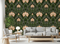 Sofa corner styled in Intricate floral damask apricot Wallpaper with damask detail, GD8669