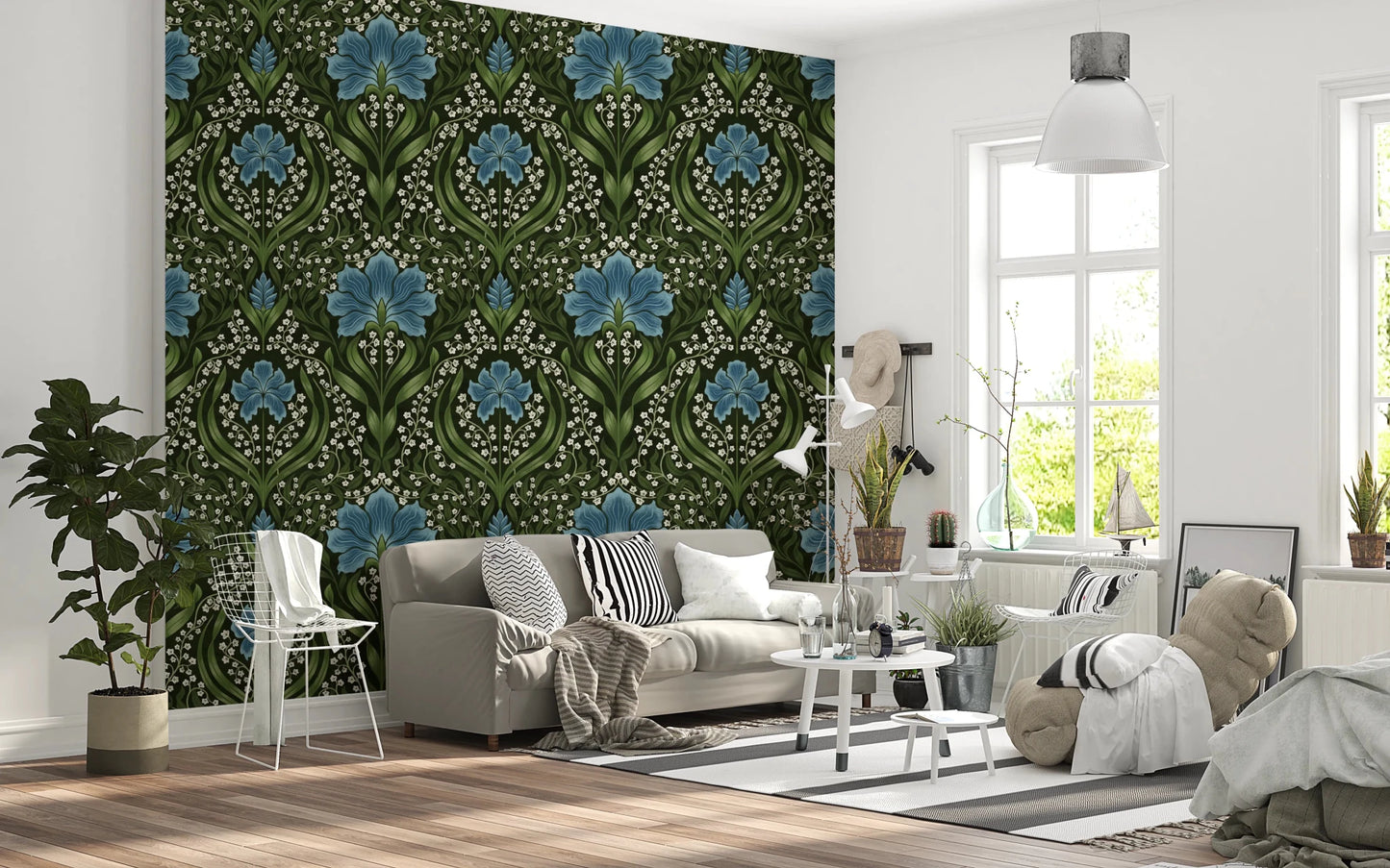 Modern lounge in Intricate floral damask blue Wallpaper with elegant damask