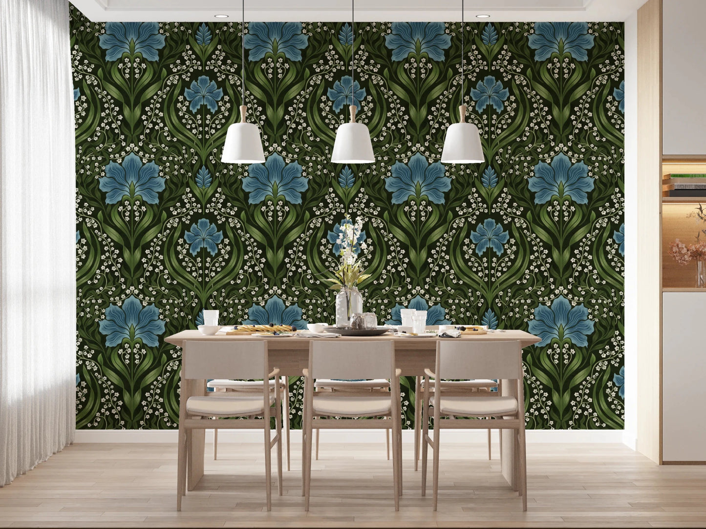 Feature in Intricate floral damask blue Wallpaper for a warm Dining sitting room