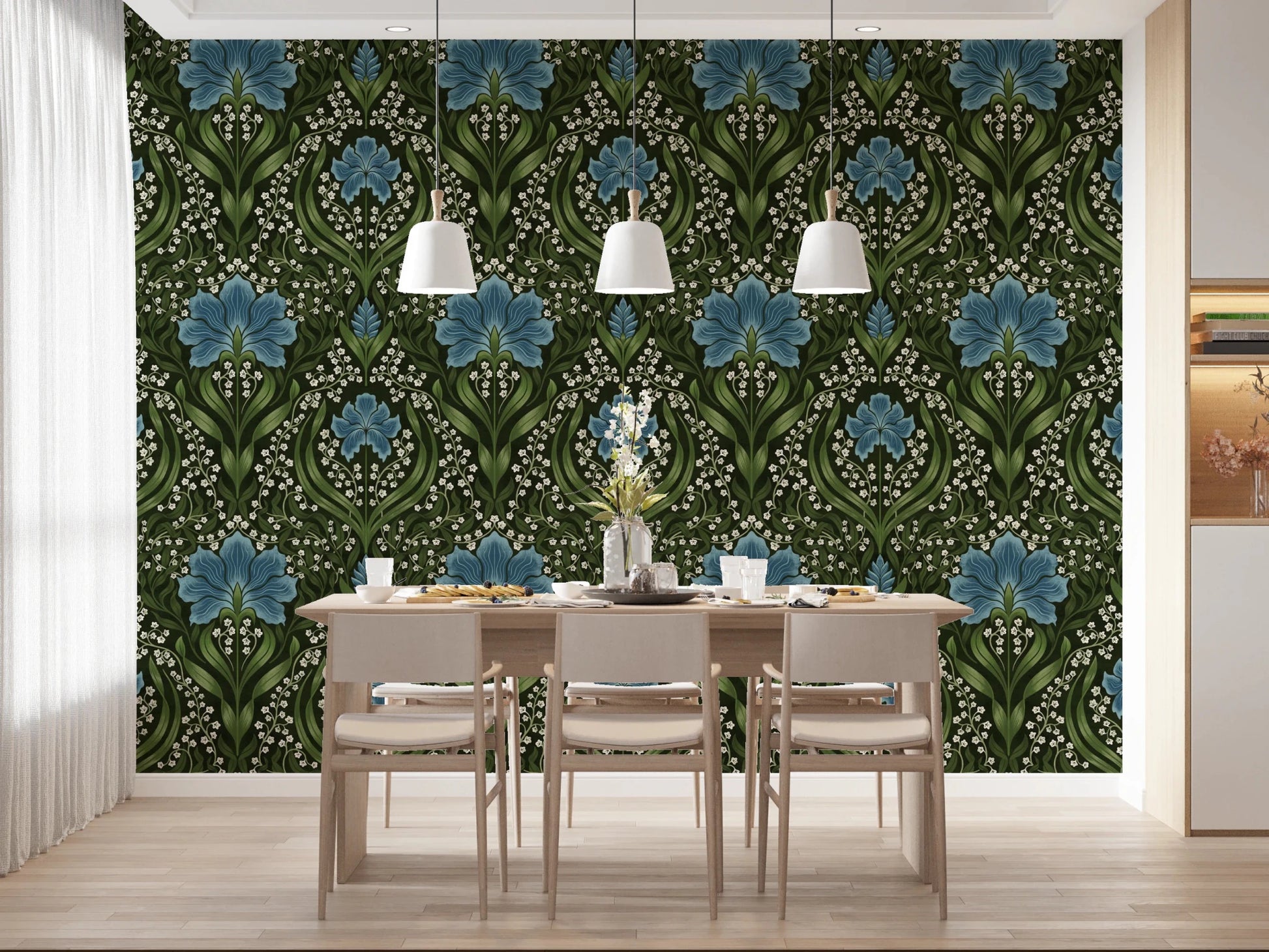 Feature in Intricate floral damask blue Wallpaper for a warm Dining sitting room