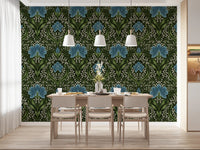 Feature in Intricate floral damask blue Wallpaper for a warm Dining sitting room