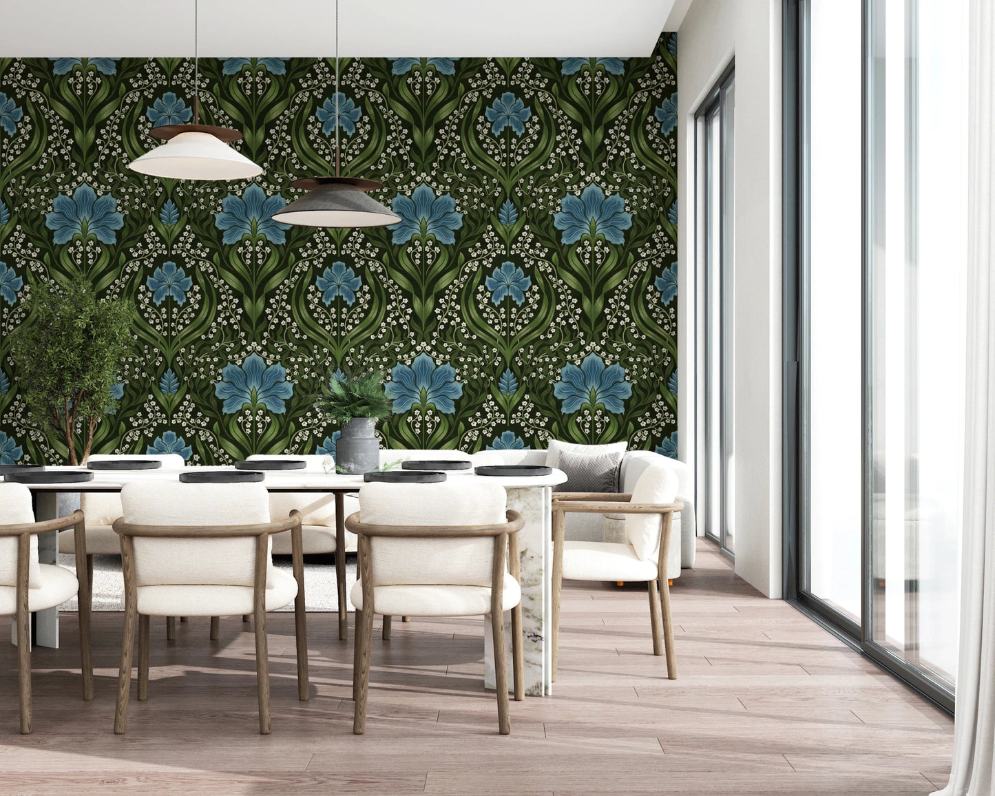 Dining room in Intricate floral damask blue Wallpaper with ornate floral motifs