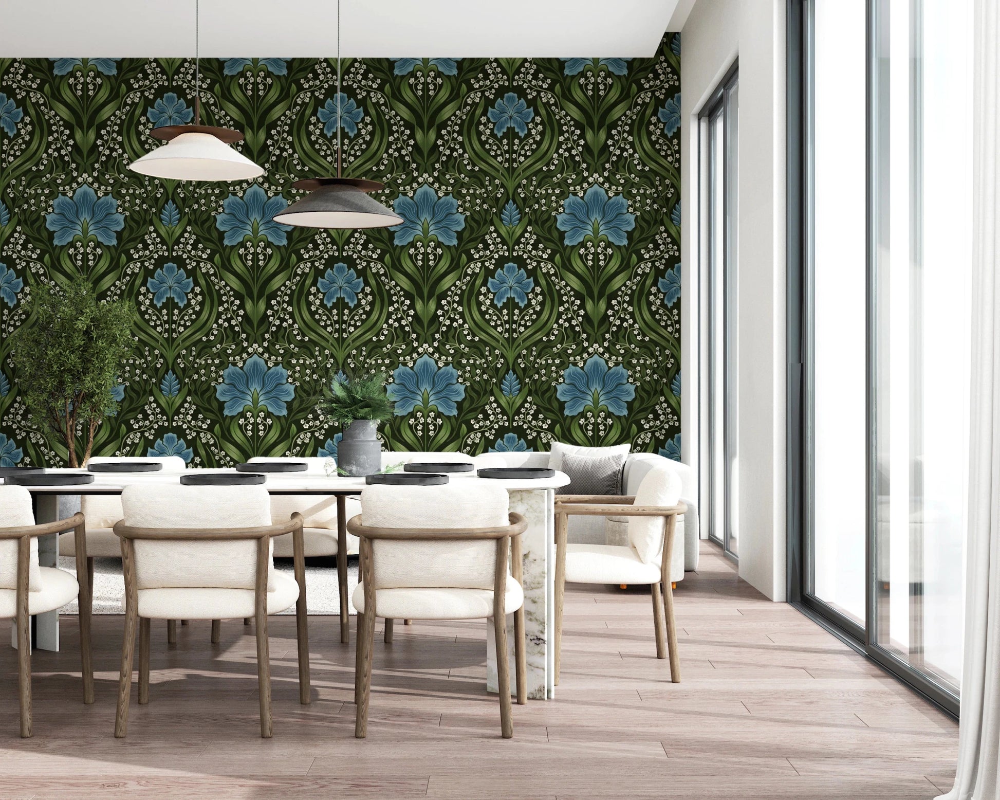 Dining room in Intricate floral damask blue Wallpaper with ornate floral motifs