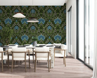Dining room in Intricate floral damask blue Wallpaper with ornate floral motifs