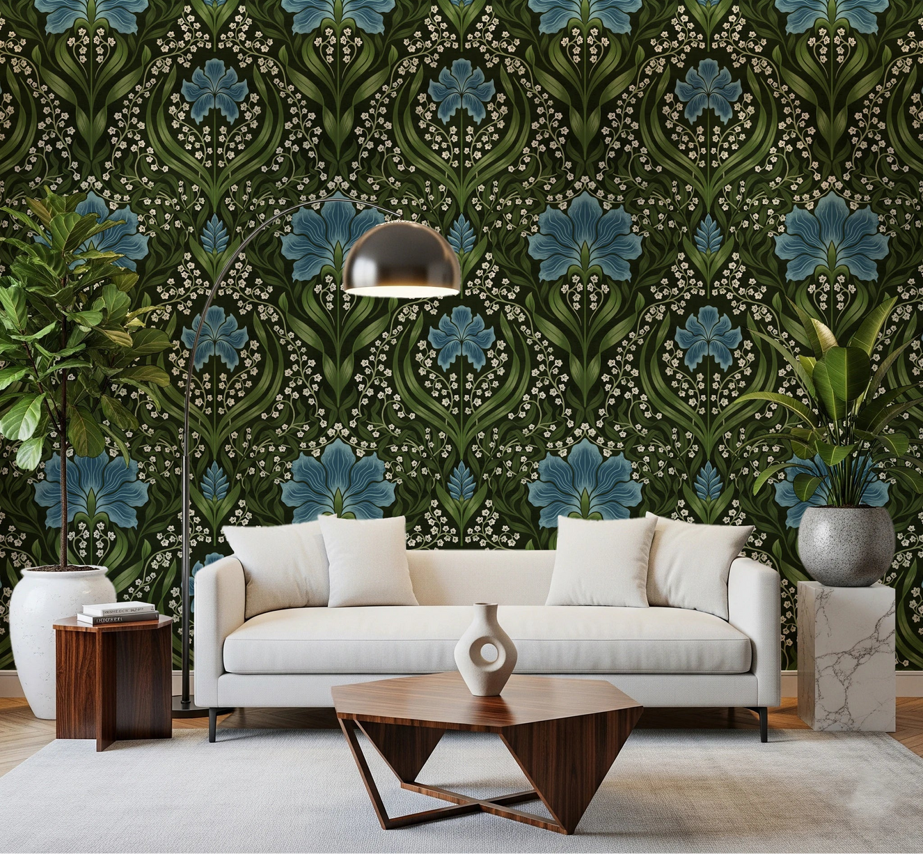 White sofa nook in Intricate floral damask blue Wallpaper with classic symmetry