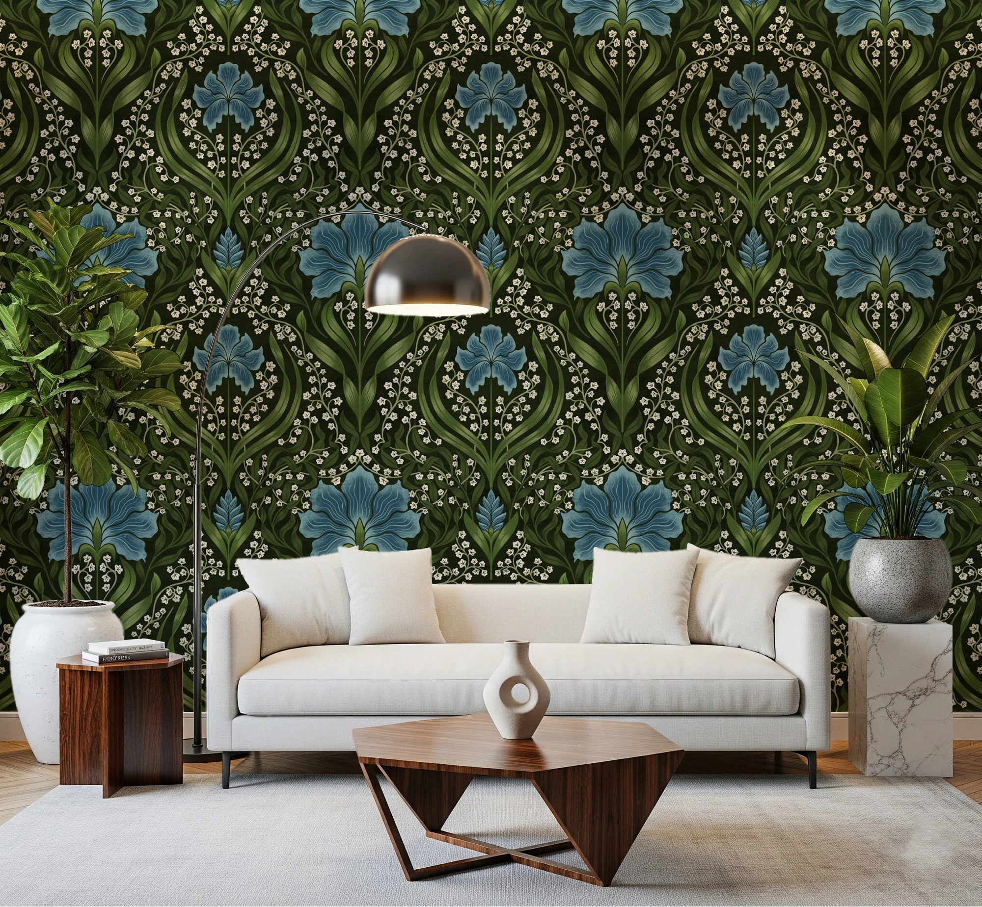 White sofa nook in Intricate floral damask blue Wallpaper with classic symmetry, GD8668