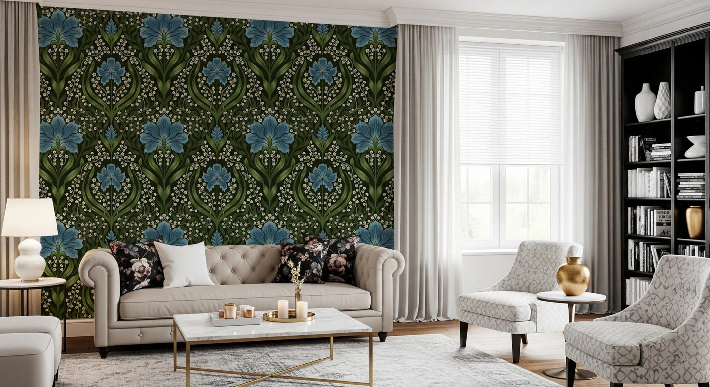 Open-plan space with Intricate floral damask blue Wallpaper on the main 