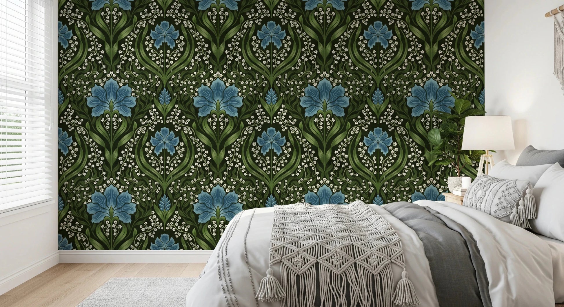 Bedroom with Intricate floral damask blue Wallpaper and moody blooms