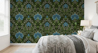 Bedroom with Intricate floral damask blue Wallpaper and moody blooms