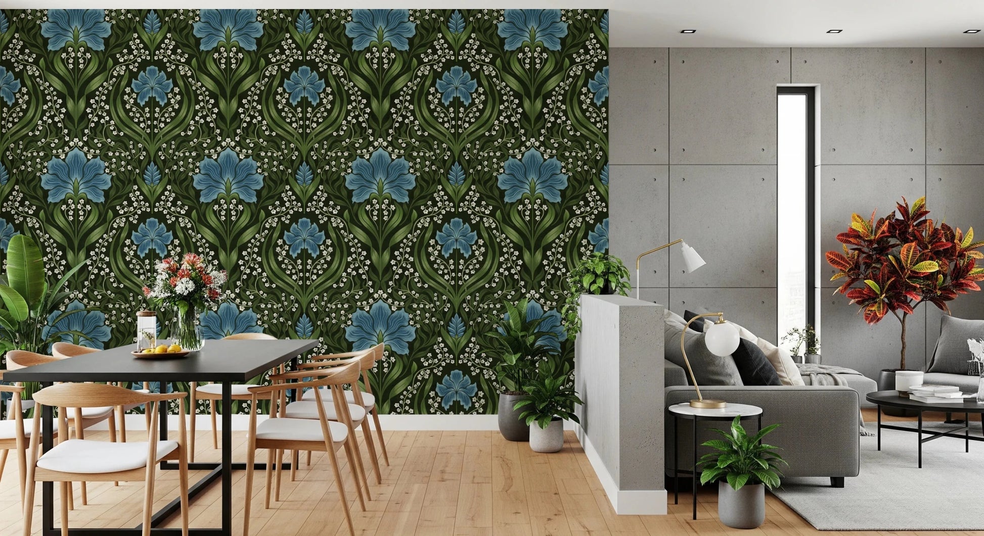 Kitchen corner with Intricate floral damask blue Wallpaper and rich pattern