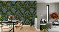 Kitchen corner with Intricate floral damask blue Wallpaper and rich pattern