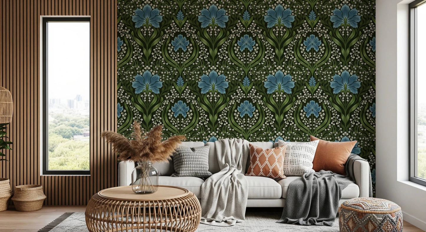 Cozy living room with Intricate floral damask blue Wallpaper and bold florals