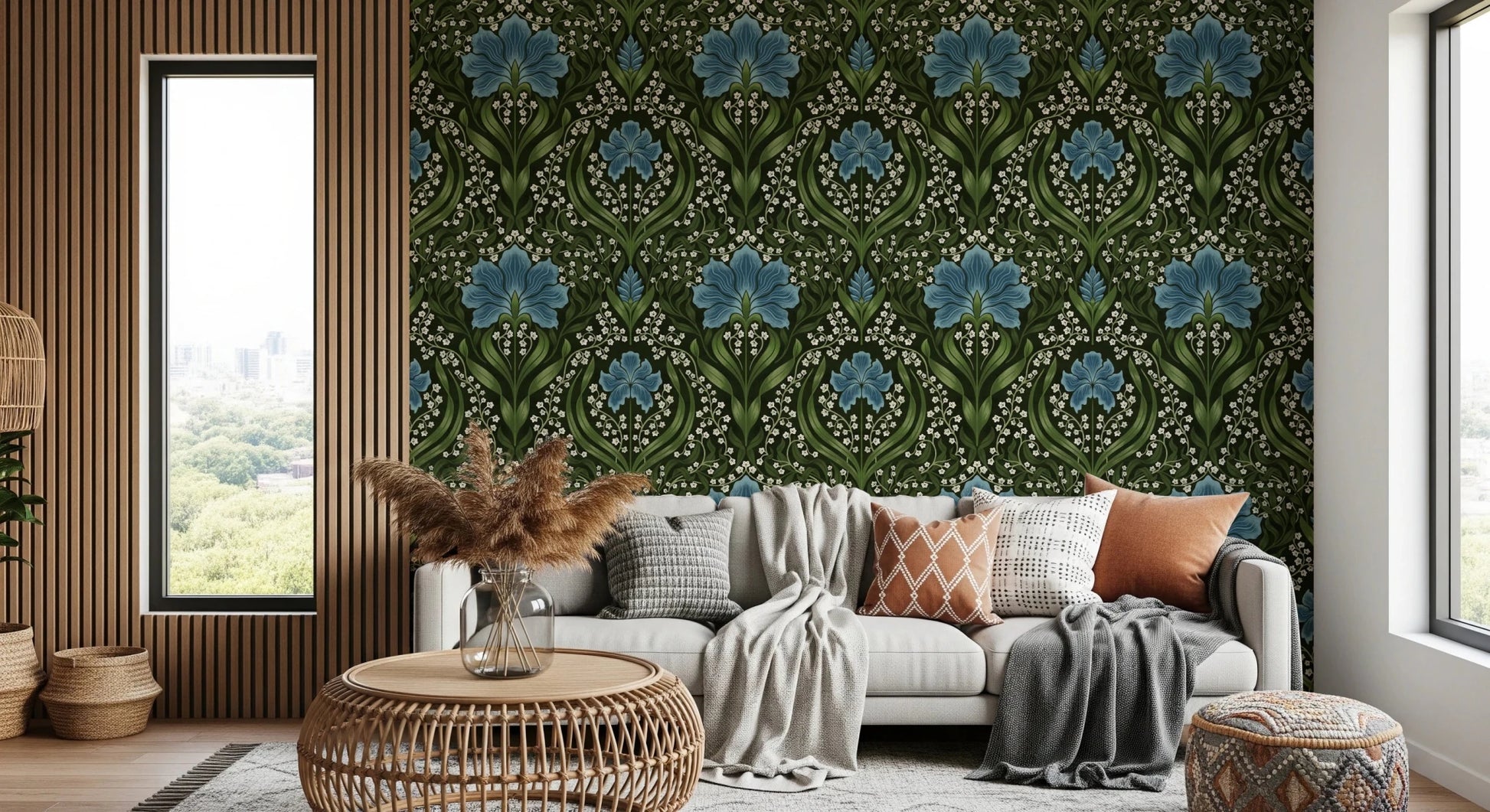 Cozy living room with Intricate floral damask blue Wallpaper and bold florals