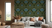 Cozy living room with Intricate floral damask blue Wallpaper and bold florals
