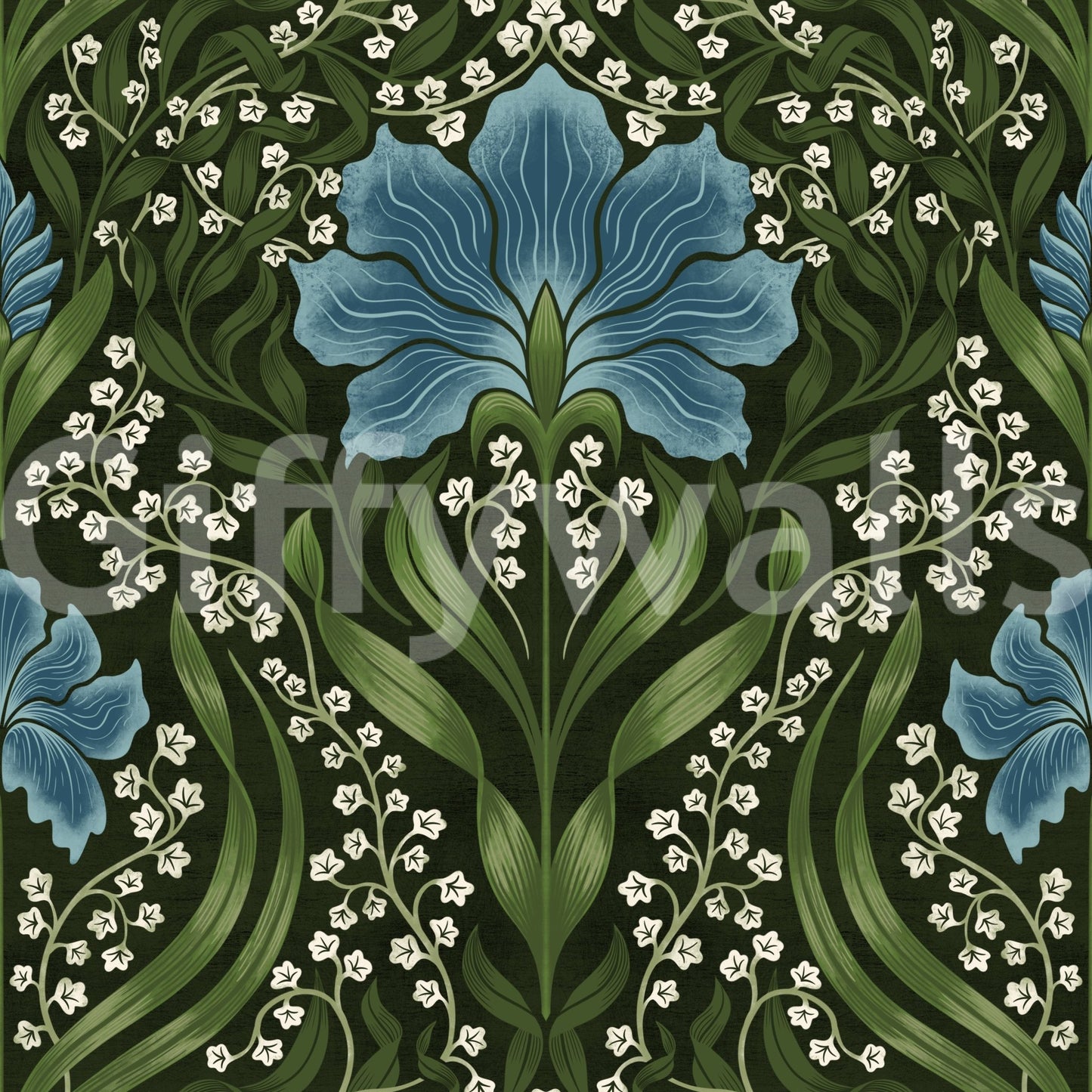Intricate floral damask blue wallpaper with ornate blooms and flowing green vines
