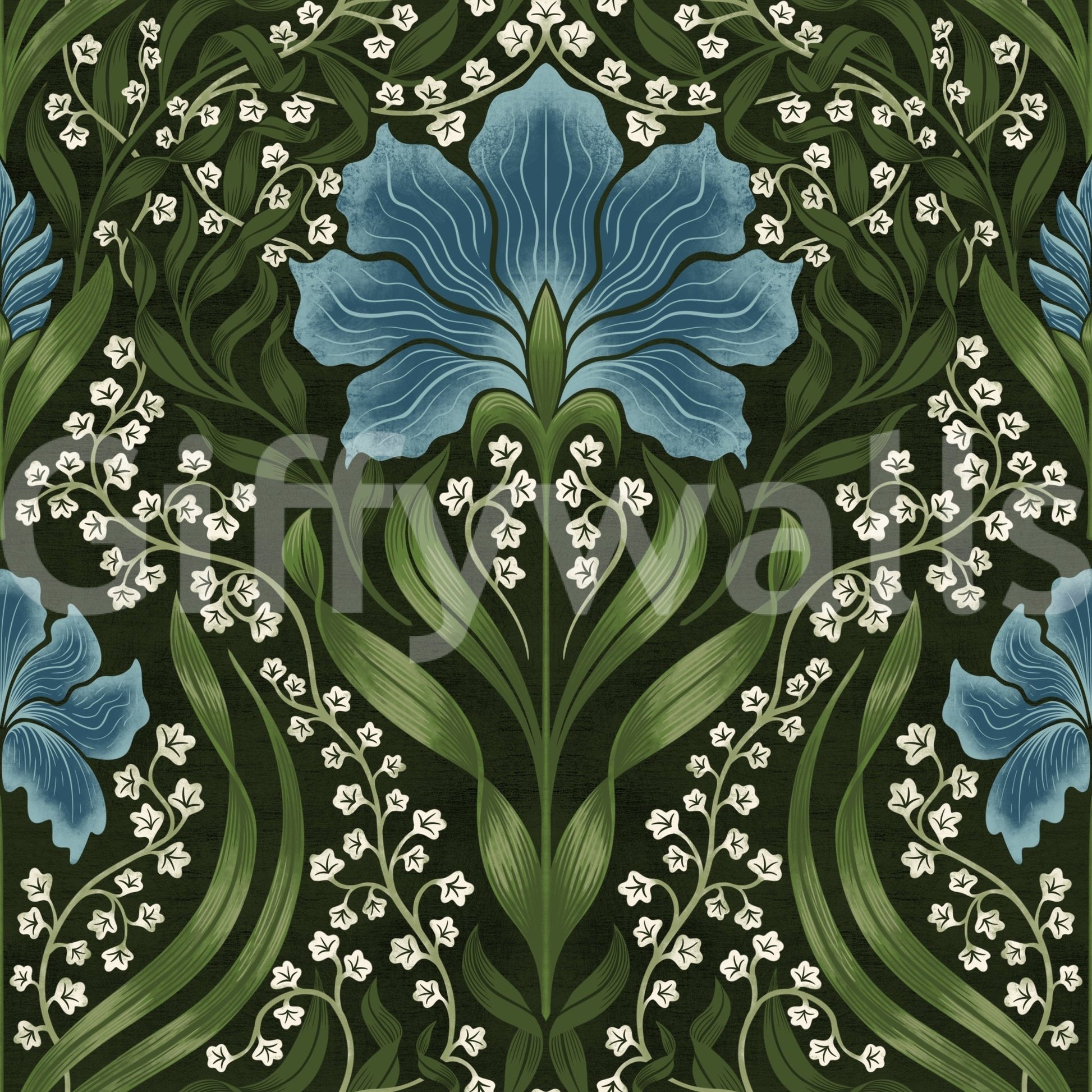 Intricate floral damask blue wallpaper with ornate blooms and flowing green vines