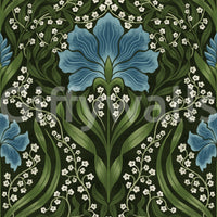 Intricate floral damask blue wallpaper with ornate blooms and flowing green vines