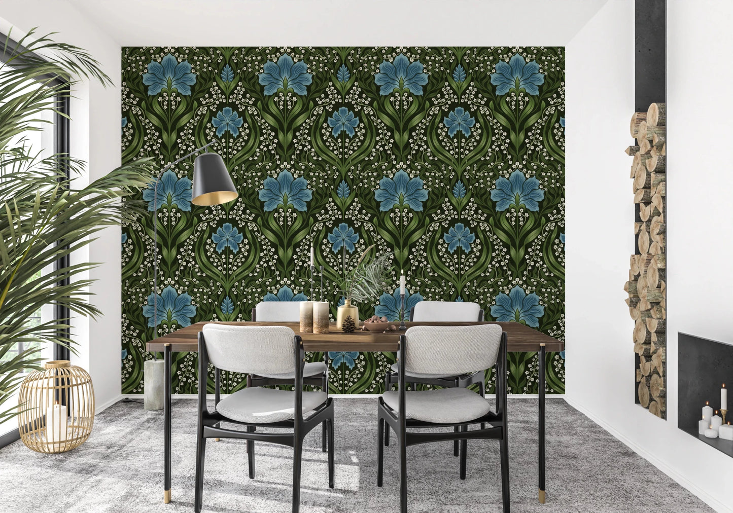 Minimal dining area with Intricate floral damask blue Wallpaper and blue blooms