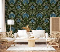Bright lounge in Intricate floral damask blue Wallpaper with vintage detail