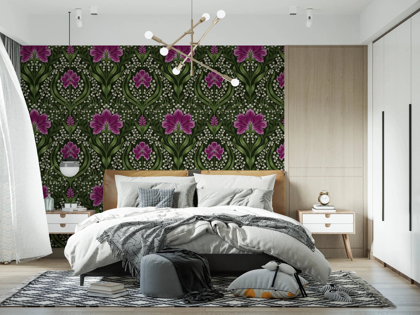 Bedroom styled with Intricate floral damask purple Wallpaper and soft layered bedding