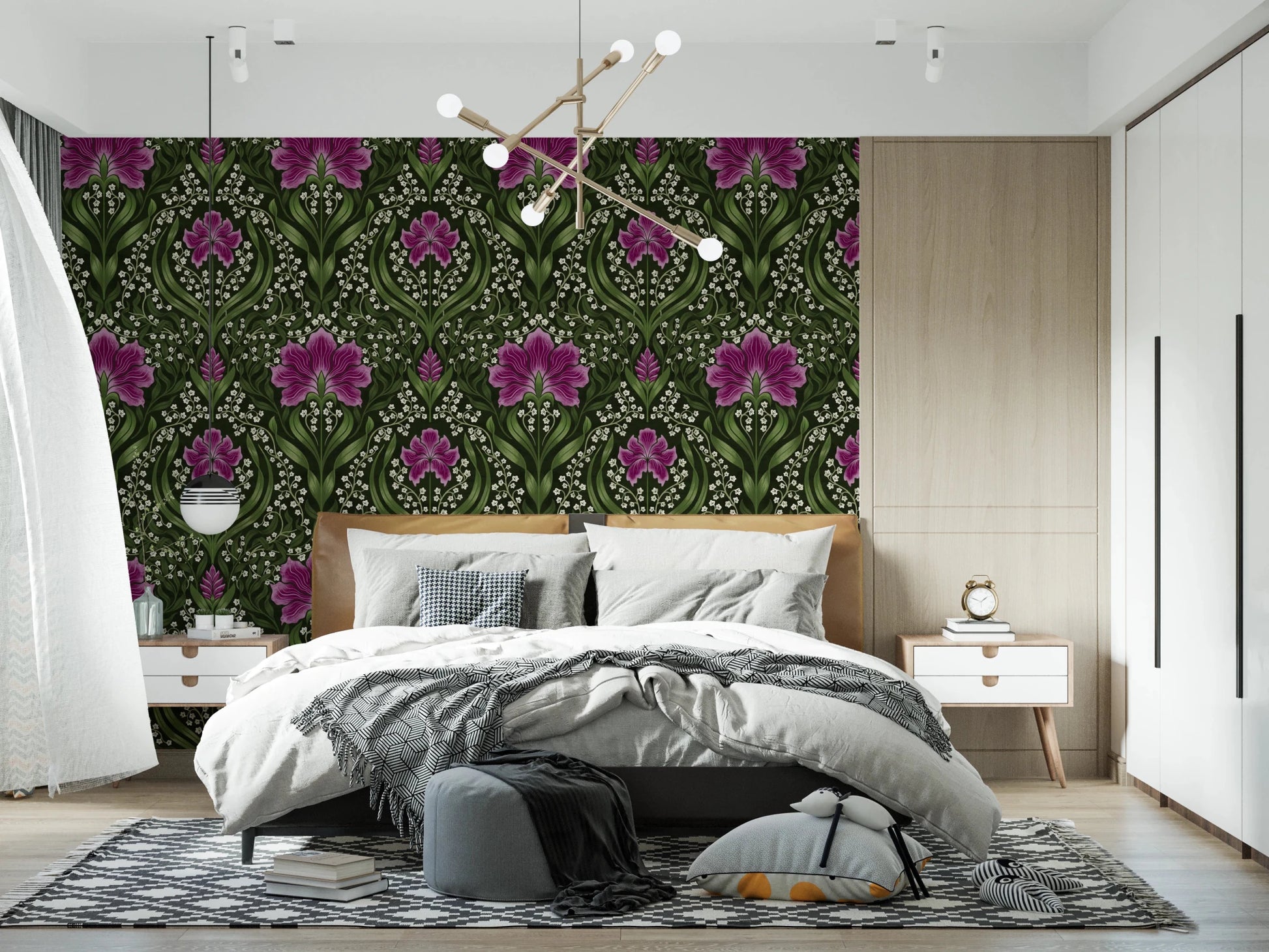 Bedroom styled with Intricate floral damask purple Wallpaper and soft layered bedding