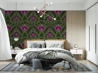 Bedroom styled with Intricate floral damask purple Wallpaper and soft layered bedding