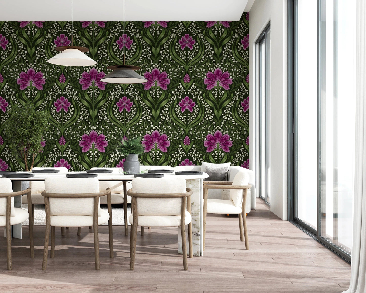 Window-side dining nook framed by Intricate floral damask purple Wallpaper and dark contrast
