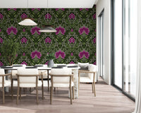 Window-side dining nook framed by Intricate floral damask purple Wallpaper and dark contrast