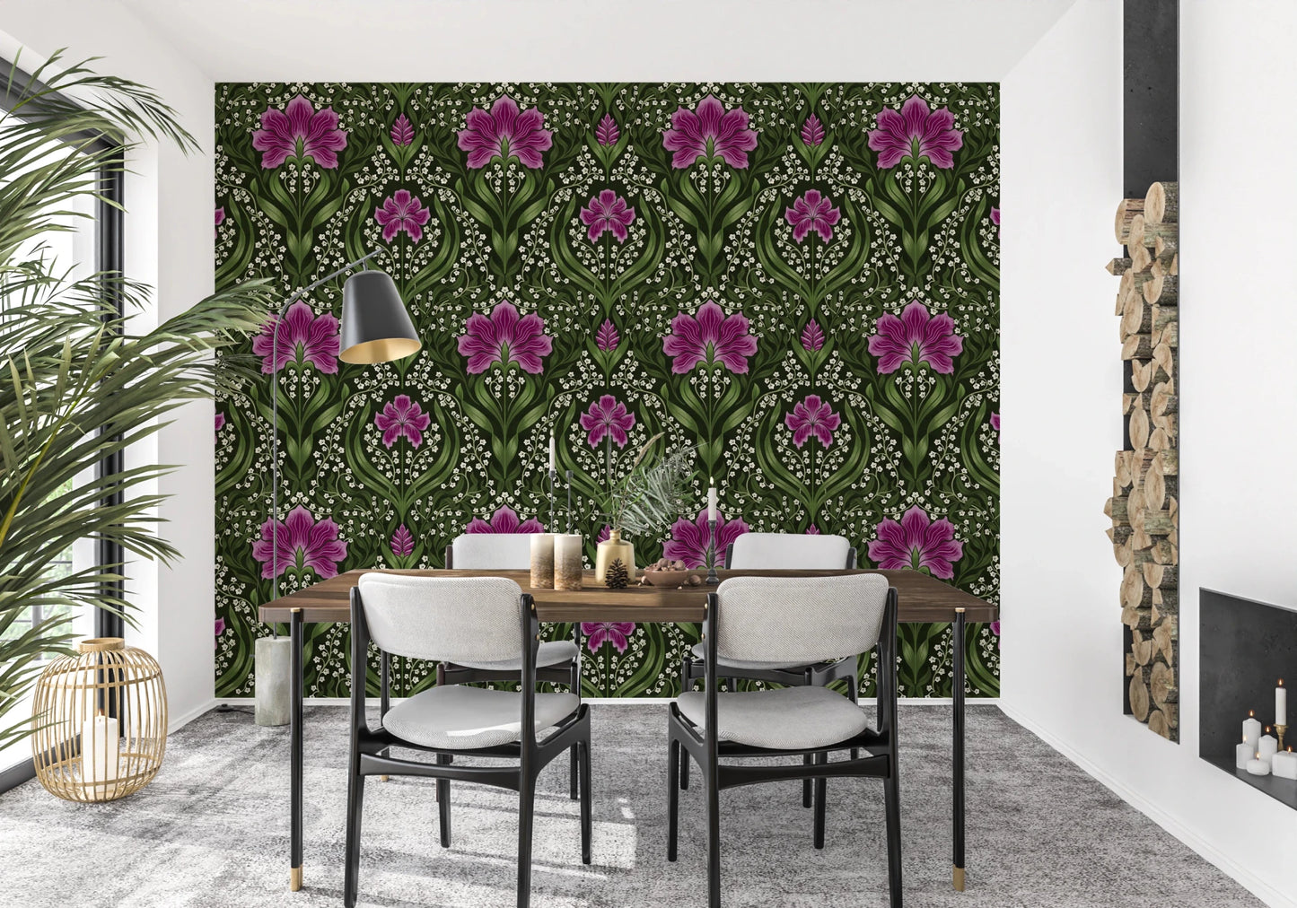 Dining space paired with Intricate floral damask purple Wallpaper and a bold patterned 