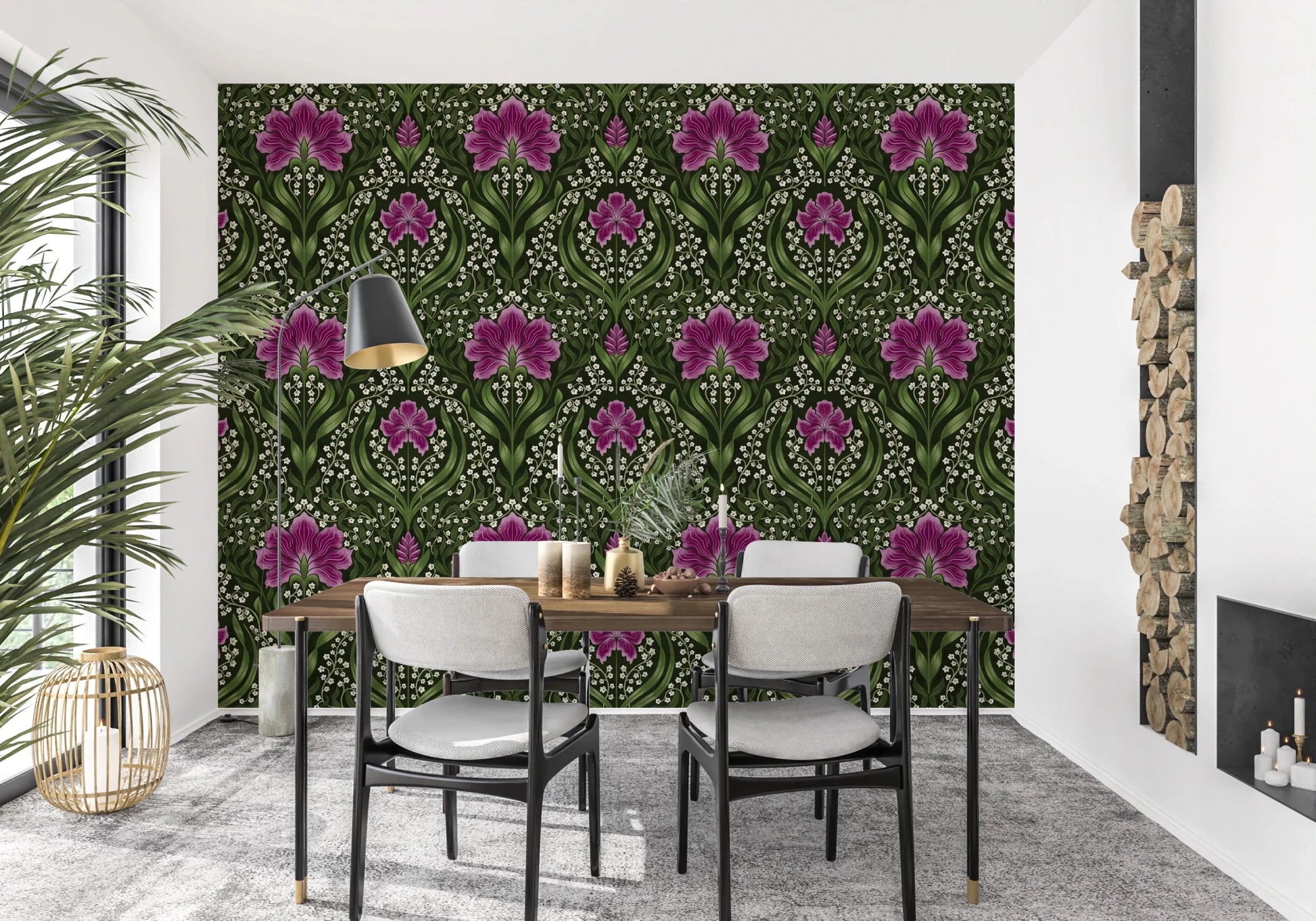 Dining space paired with Intricate floral damask purple Wallpaper and a bold patterned 