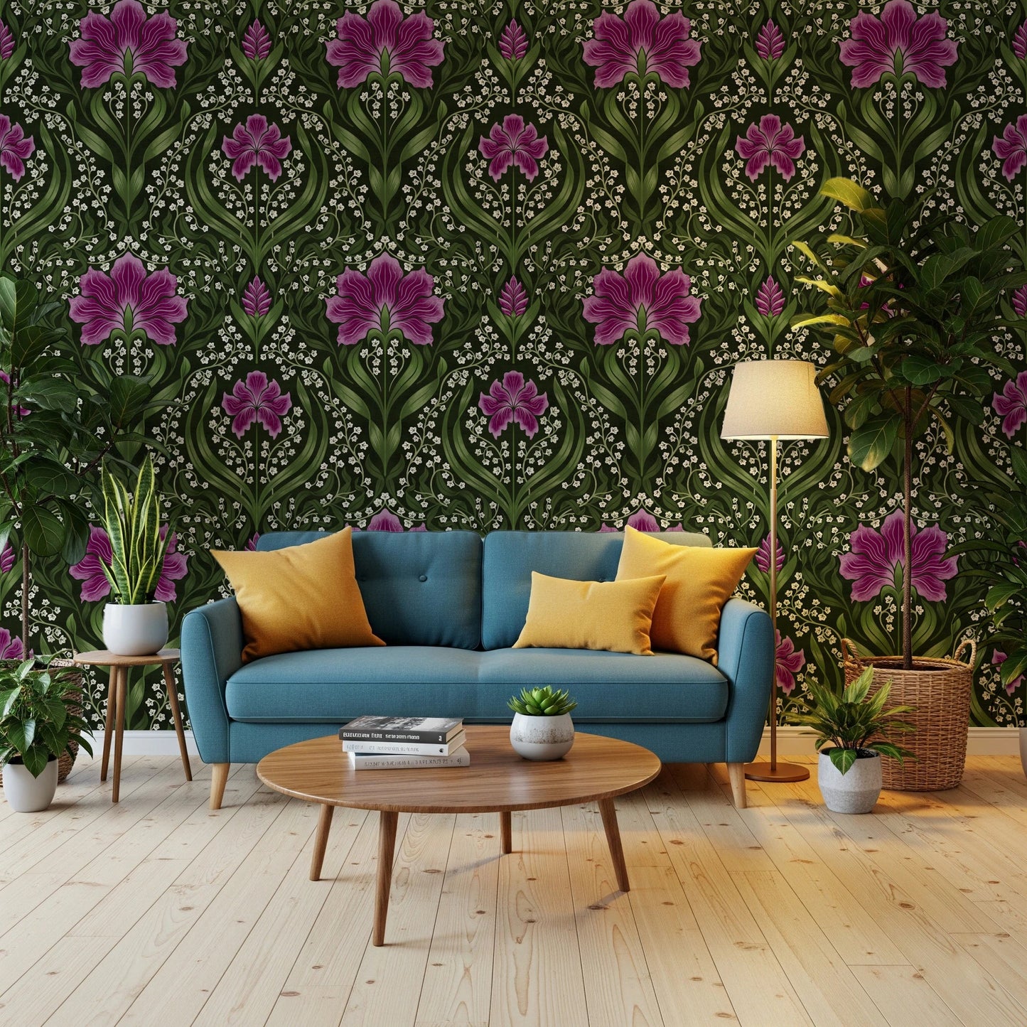 Blue sofa corner softened by Intricate floral damask purple Wallpaper and ornate floral motifs