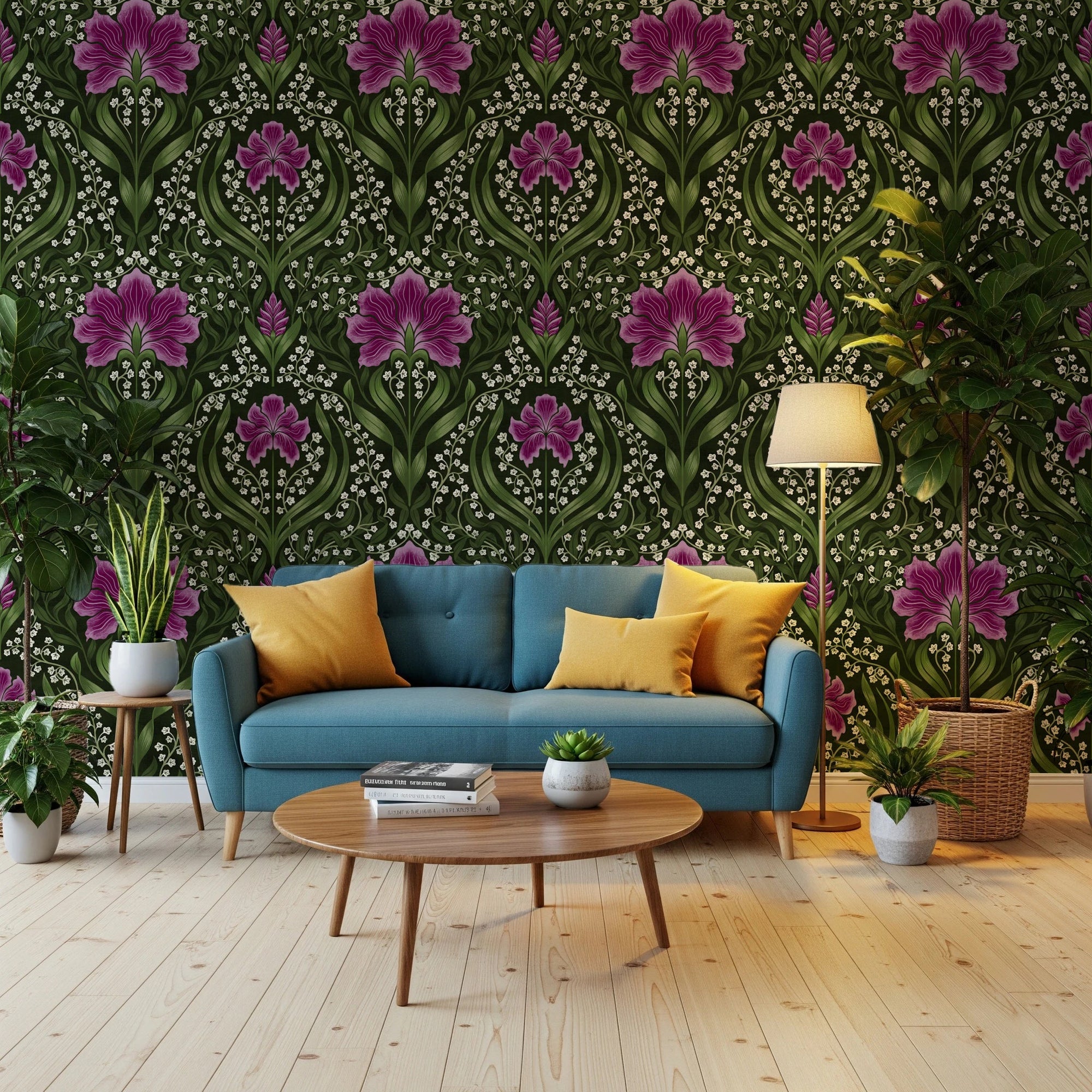 Blue sofa corner softened by Intricate floral damask purple Wallpaper and ornate floral motifs, GD8671