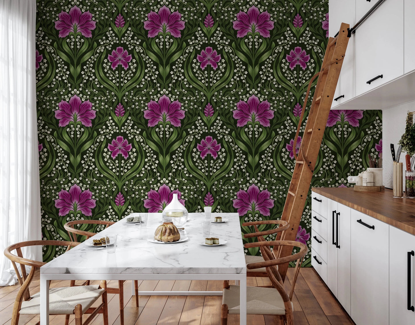 Kitchen styled with Intricate floral damask purple Wallpaper and decorative floral rhythm