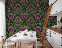 Kitchen styled with Intricate floral damask purple Wallpaper and decorative floral rhythm