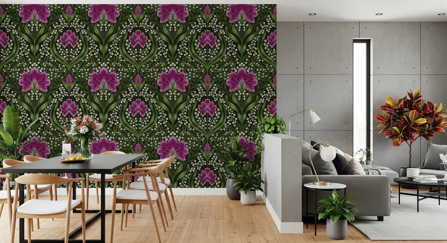 Dining corner brightened by Intricate floral damask purple Wallpaper and floral damask detail