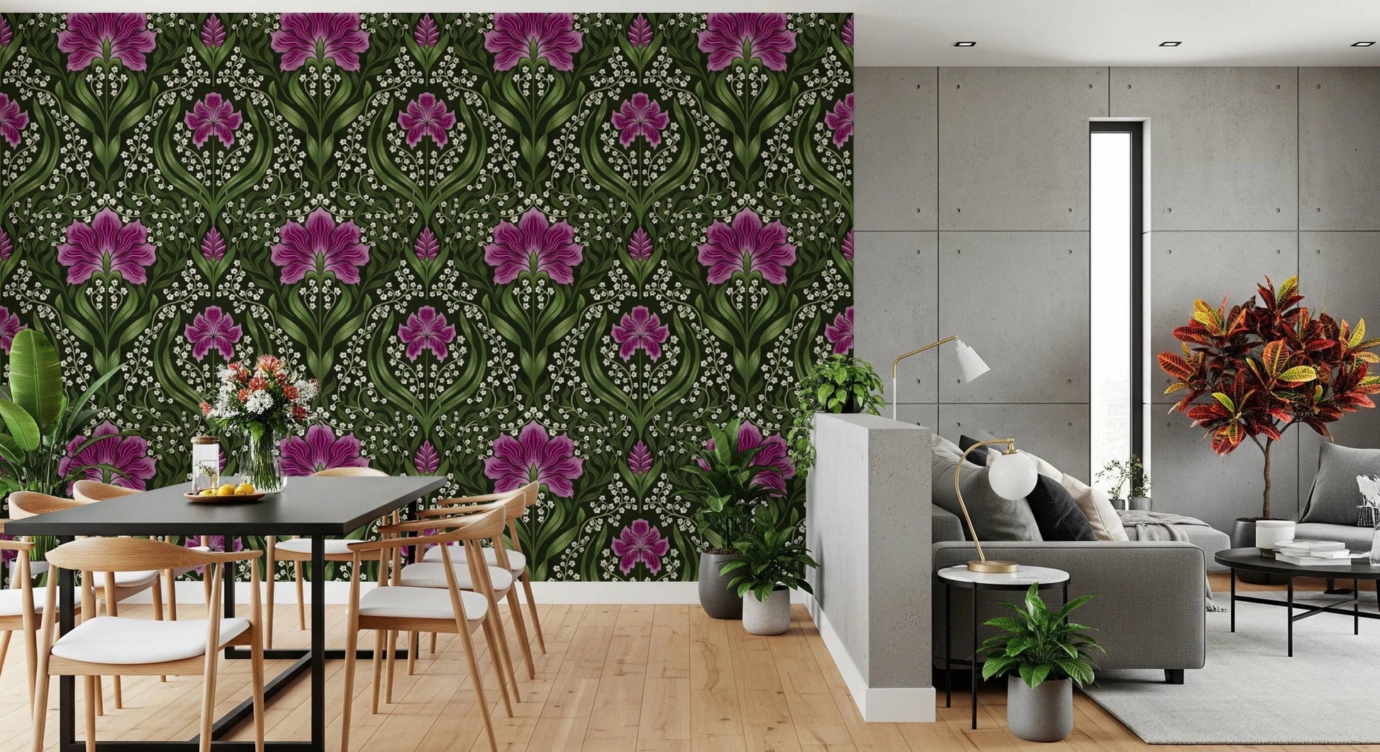 Dining corner brightened by Intricate floral damask purple Wallpaper and floral damask detail