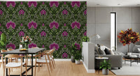 Dining corner brightened by Intricate floral damask purple Wallpaper and floral damask detail
