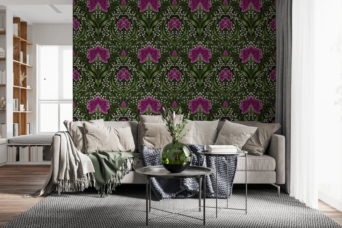 Cozy lounge finished in Intricate floral damask purple Wallpaper with damask texture