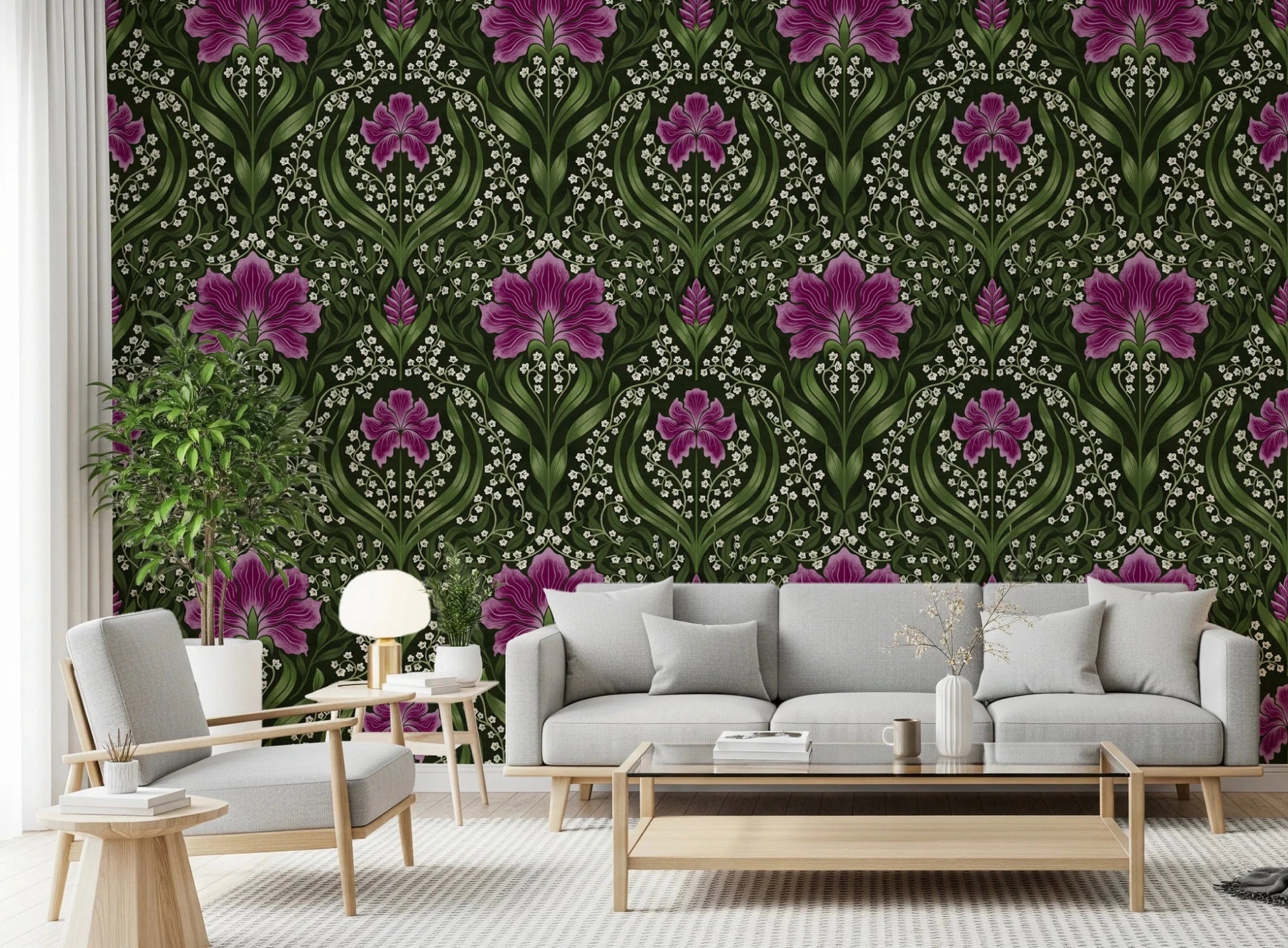 Bright living space updated by Intricate floral damask purple Wallpaper and layered botanical shapes