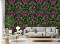 Bright living space updated by Intricate floral damask purple Wallpaper and layered botanical shapes