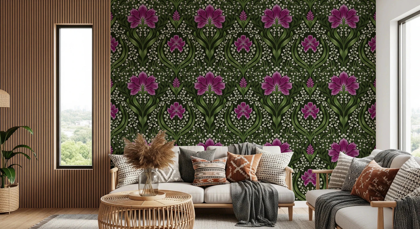 Rustic sitting area enriched with Intricate floral damask purple Wallpaper and deep pattern flow