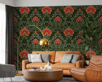 Warm sitting room pairs beautifully with Intricate floral damask red Wallpaper and earthy tones