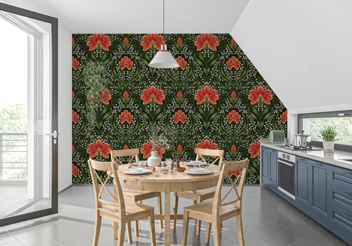 Kitchen corner stands out with Intricate floral damask red Wallpaper and dark contrast