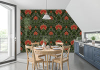 Kitchen corner stands out with Intricate floral damask red Wallpaper and dark contrast