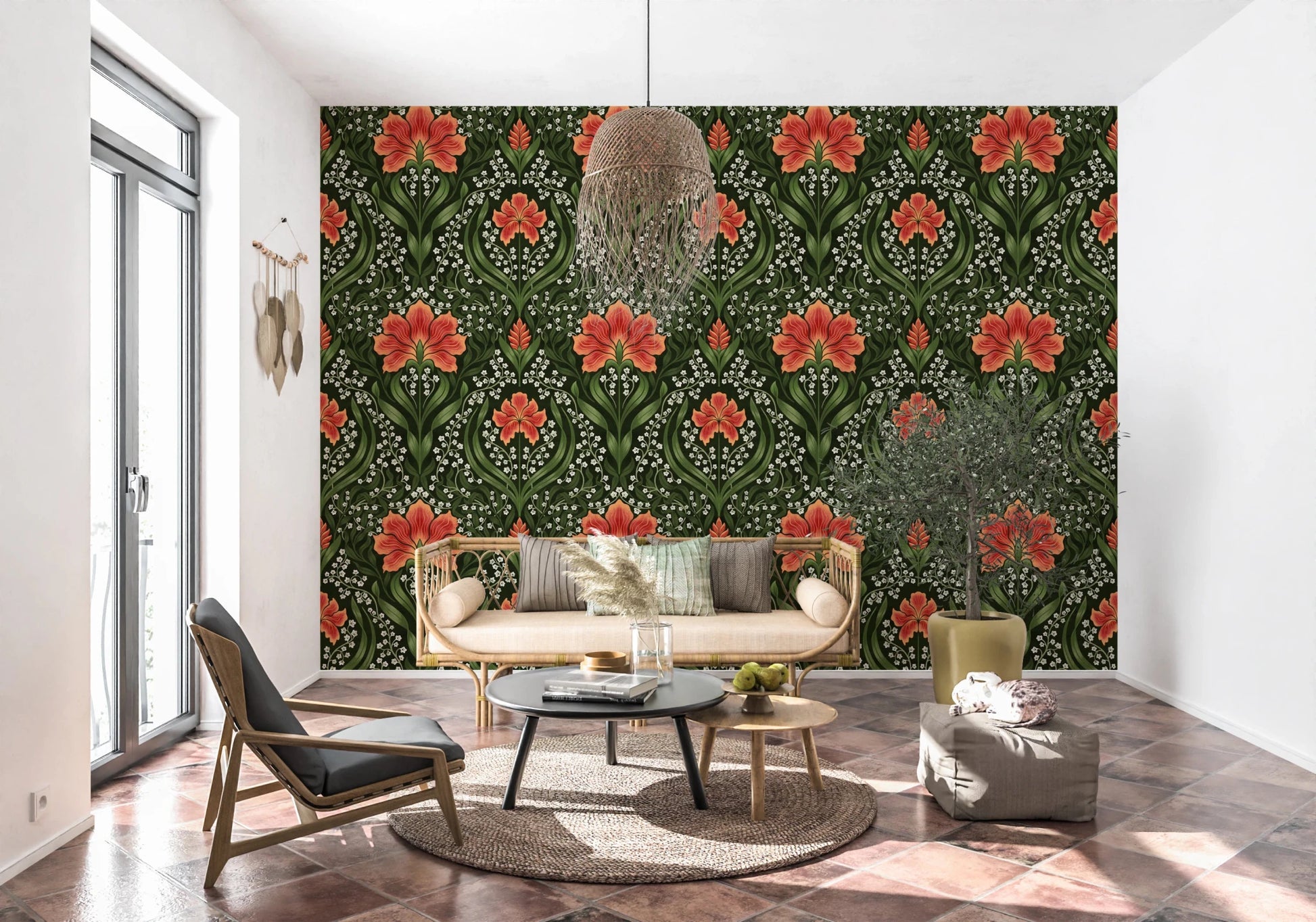 Window-side room is framed by Intricate floral damask red Wallpaper and floral symmetry