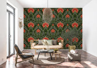 Window-side room is framed by Intricate floral damask red Wallpaper and floral symmetry