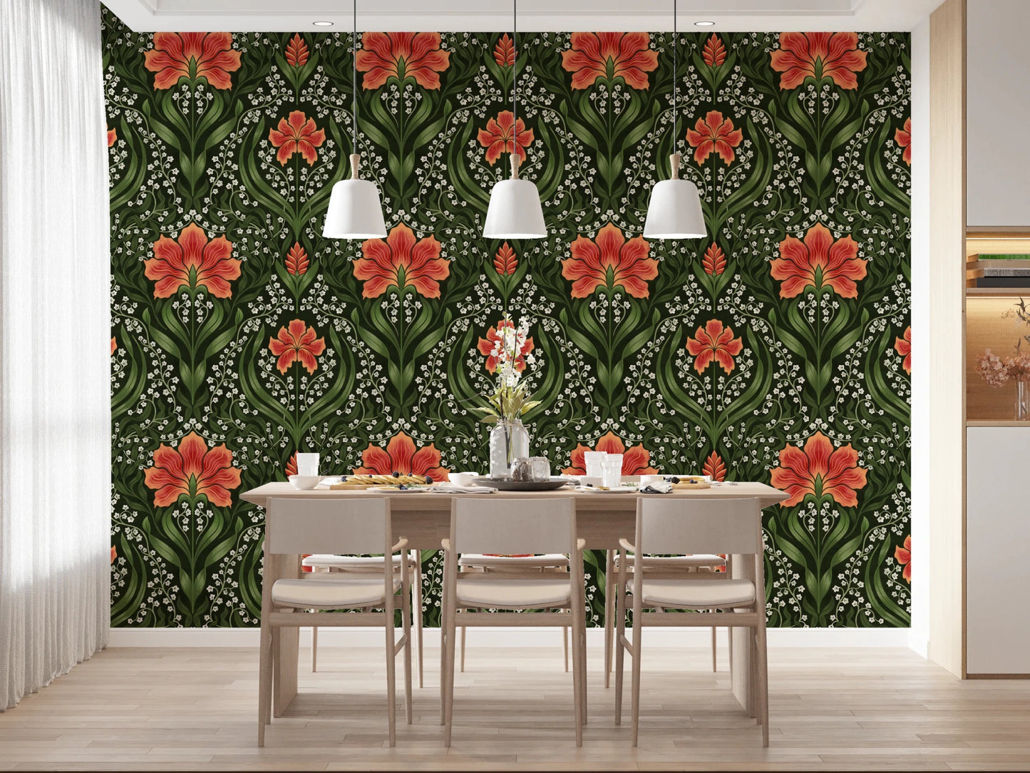 Dining area gains a bold classic backdrop from Intricate floral damask red Wallpaper
