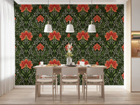 Dining area gains a bold classic backdrop from Intricate floral damask red Wallpaper