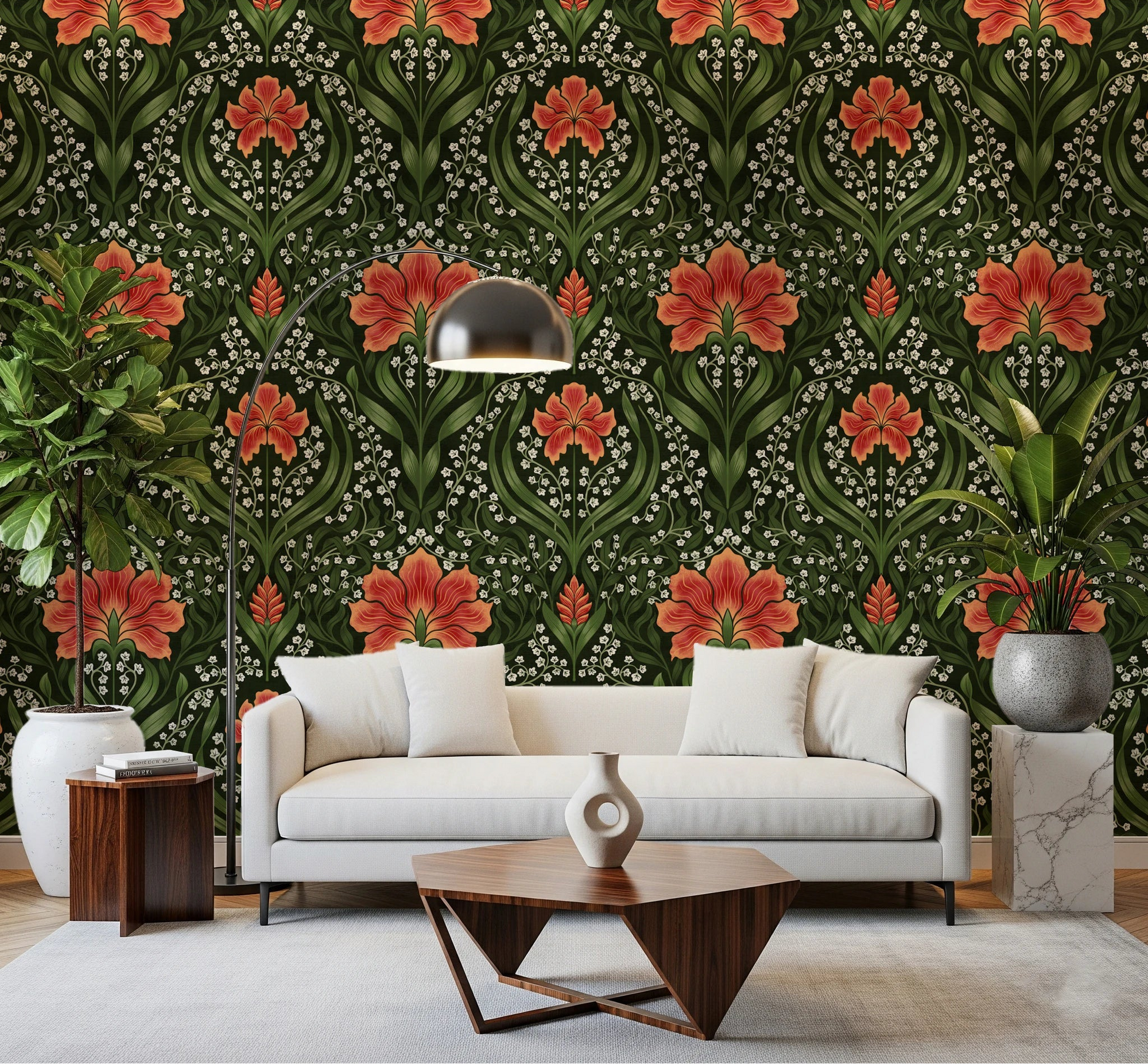 Living room glows with Intricate floral damask red Wallpaper and its rich ornate pattern, GD8670