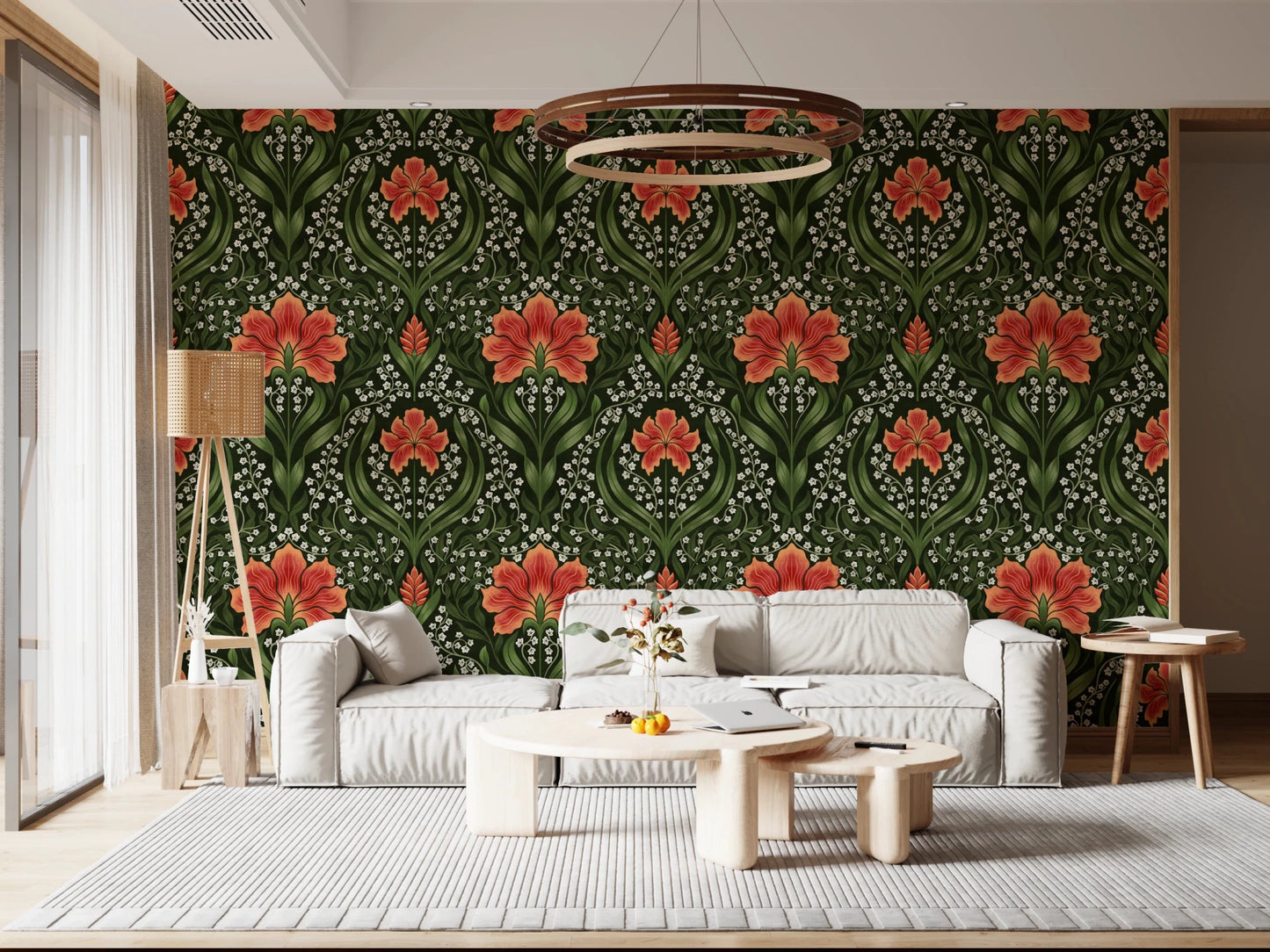 Bright living nook feels richer with Intricate floral damask red Wallpaper 